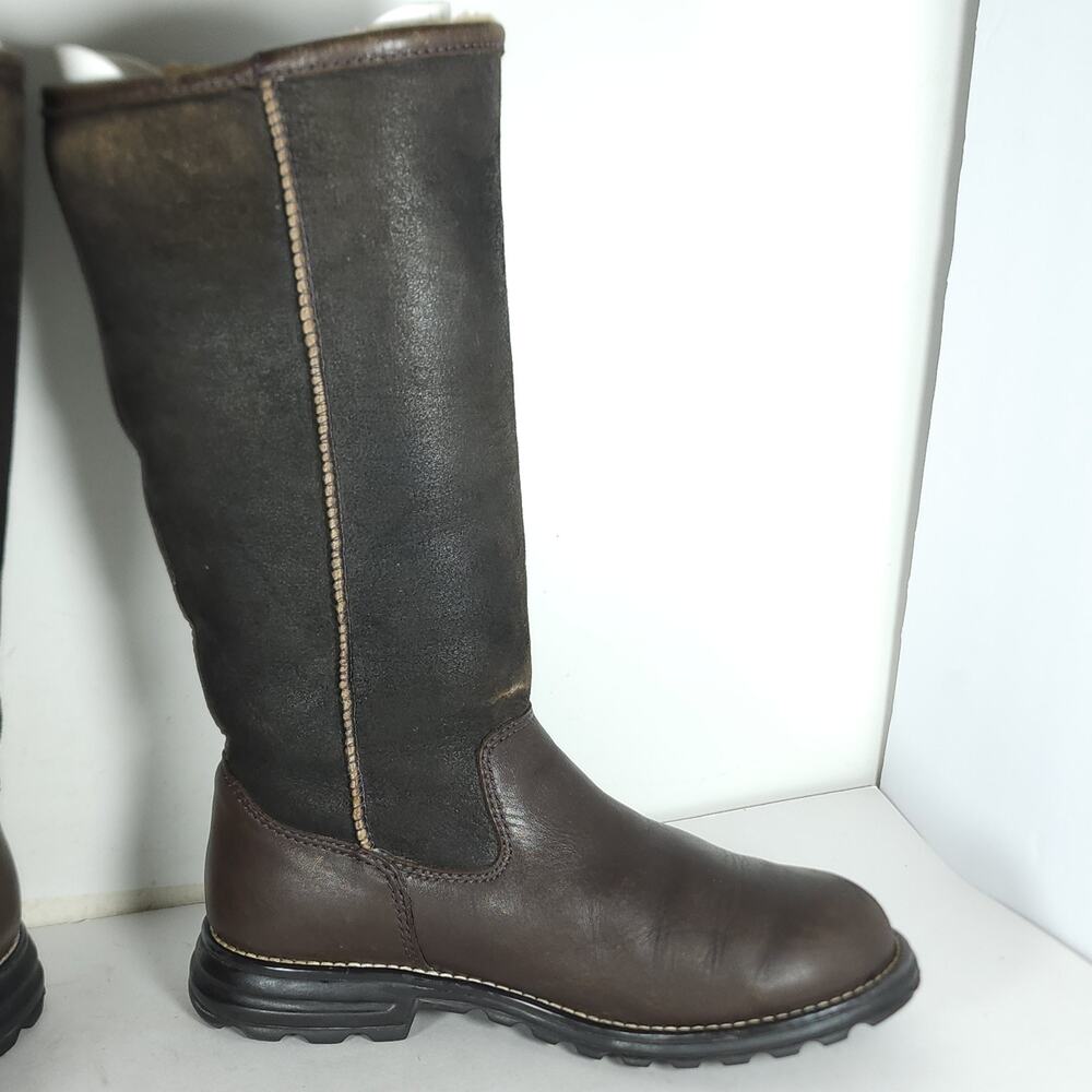 UGG Womens Brooks US7 Tall Brown Leather Shearling Sherpa PullOn Boots - Picture 5 of 16